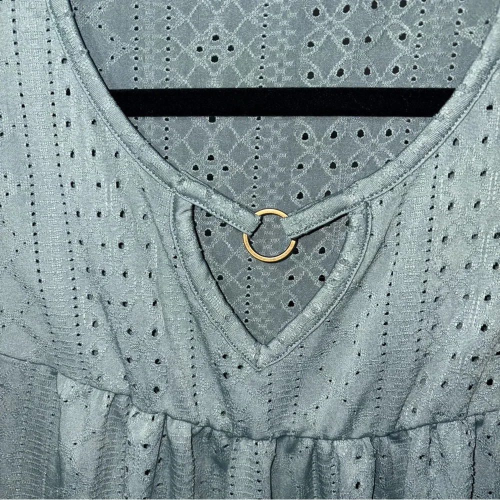 Mint Sage Green Relaxed Smocked Eyelet Blouse with Long Sleeves - Picture 2 of 5